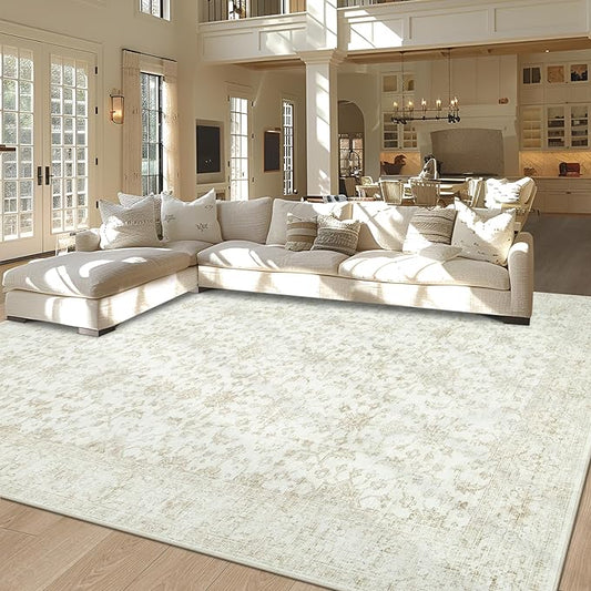 Washable Rugs 8x10 Area Rugs, Soft Vintage Living Room Rug with Anti-Skid Backing Stain Resistant Thin Indoor Carpet Large Area Rug for Bedroom Under Dining Room Table Nursery Entryway-Light Beige