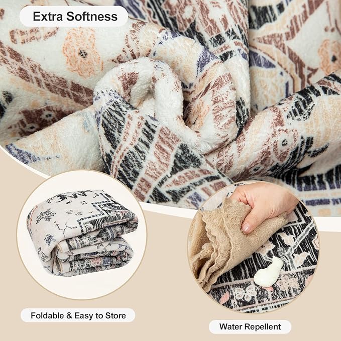 BESTSWEETIE 6ft Area Rugs for Living Room, Washable Ultra Soft Boho Vintage Print Pattern Rug Non Slip Low Pile Carpet for Dining Room Bedroom Entryway Indoor-Khaki/Beige/Purple/Black
