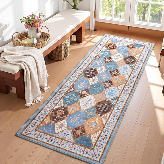 Blue Washable Kitchen Runner Rug, 2x6 Boho Non-Slip Bedroom Rugs, Moroccan Floral Trellis Hallway Carpet Soft Low Pile Vintage Indoor Mat for Entryway Bedside Bathroom