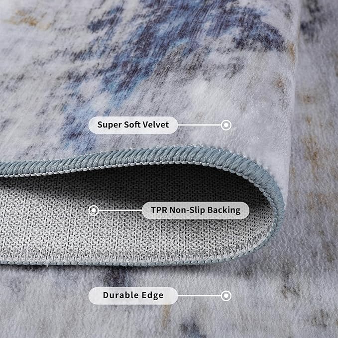 Toneed 2x6 Runner Rug Modern Abstract Hallway Rug Washable Non Slip Rubber Rugs for Kitchen Stairs Entryway Bedroom Living Room Printed Low Pile Foldable Accent Rugs Blue/White