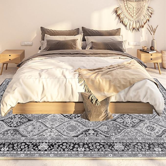 Yancorp 4'x6' Area Rug for Bedroom Washable Rug Vintage Carpet Anti Slip Living Room Big Area Rug for Dinning Room Table Grey