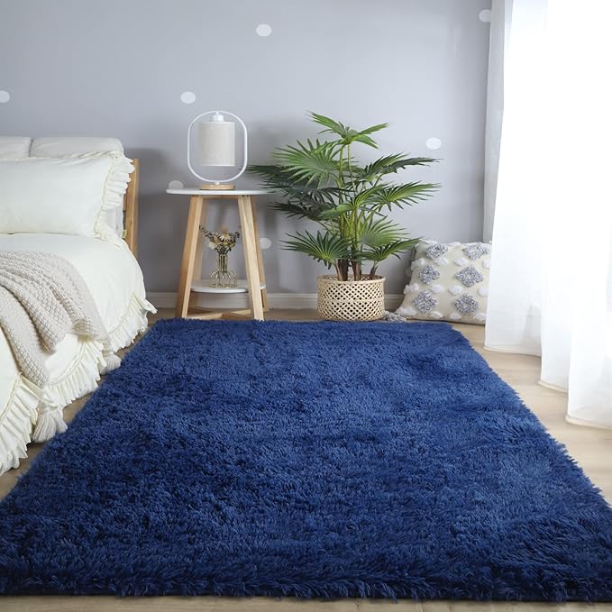 CAIYUECS Shag Area Rug,Indoor Ultra Soft Plush Rugs for Bedroom Living Room, Non-Skid Modern Nursery Faux Fur Rugs for Kids Room Home Decor (4x6 Feet, Navy Blue)
