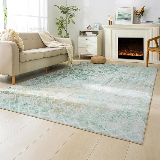 Carvapet Rugs for Living Room Bedroom, Green Boho Low Pile Large Carpet with Rubber Backing, Foldable, Non Slip Machine Washable (9 x 6 Feet Rectangular, Green Area Rug)