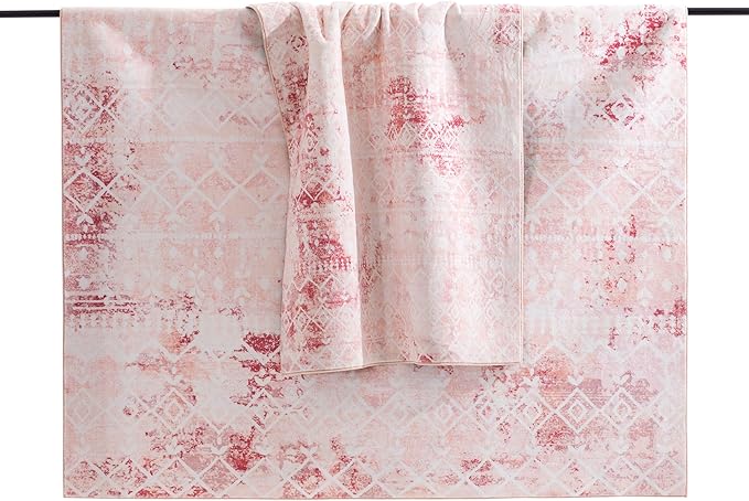 Carvapet Boho Rugs for Living Room, Moroccan Pink Low Pile Small Carpet with Rubber Backing, Foldable, Non Slip Machine Washable (5 x 3 Feet Rectangular, Pink Area Rug)