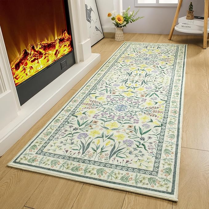 Amearea Green Runner Rugs for Hallway, 2x6 Feet Area Rugs for Bedroom Girls, Washable Floral Collection Bedside Rugs Low Pile Print Carpet, Kids Room Entrance Kitchen Living Room Decor