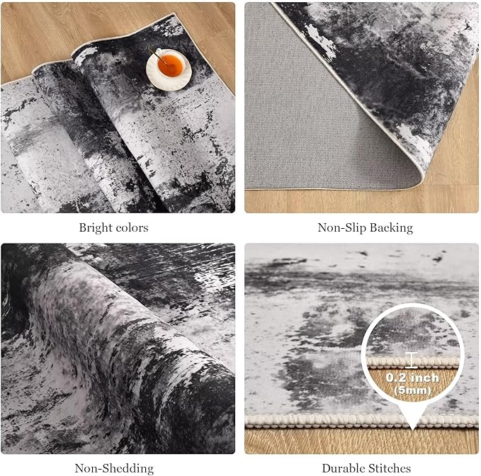 4x6 Grey Washable Area Rug for Living Room Bedroom, Modern Abstract Non-Slip Rugs, Low Pile Soft Stain Resistant Carpet for Dining Room, Kitchen, Office, Dorm, Bedside Decor