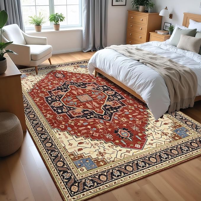 3x5 Orange Red Area Rug for Living Room, Machine Washable Rugs with Non-Slip Backing for Bedroom, Vintage Medallion Carpet Kitchen Laundry Kids Room Decor