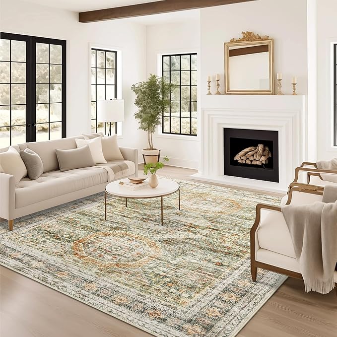 Washable Area Rug 8x10, Large Soft Rugs for Living Room Vintage 8x10 Area Rugs for Bedroom Dining Room Non-Slip Stain Resistant Under Table Green Orange Rug