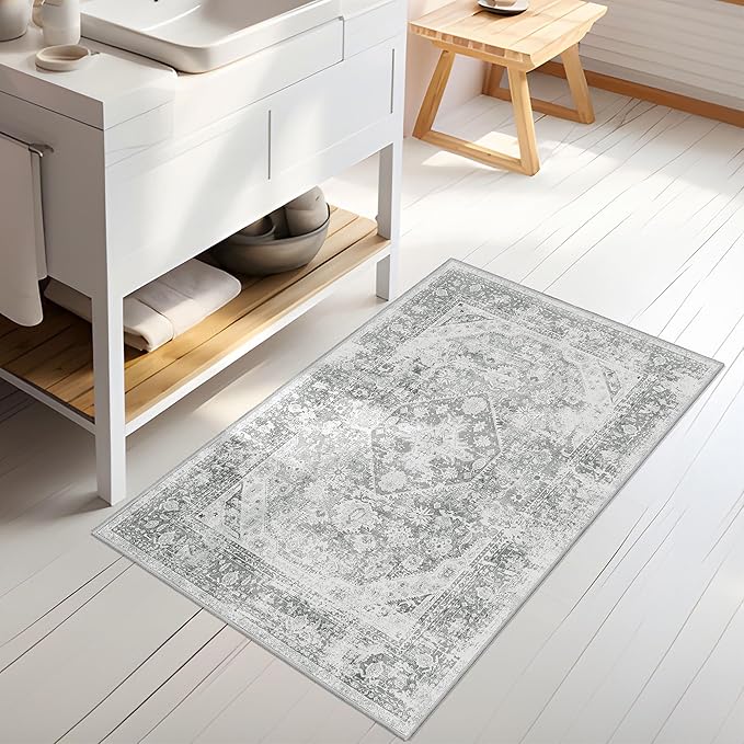MUJOO Grey Rug Washable Small Entryway Rug Boho Bathroom Rugs for Bedroom Non Slip Throw Carpet Gray Entry Area Rug for Front Door Laundry Room Soft Floral Indoor Home Decor 2'x3'