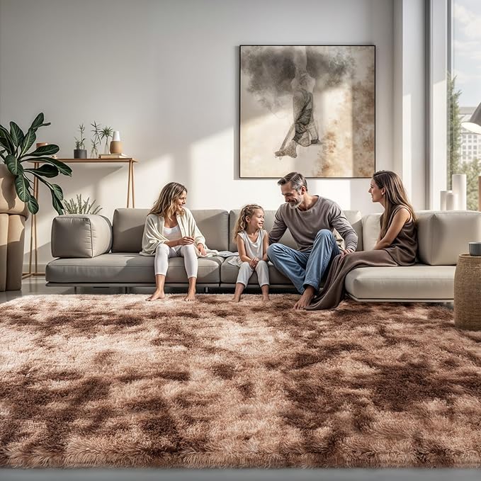 Zentavio Area Rugs for Living Room Large Rugs for Bedroom 8x10 Soft Carpet Fluffy Furry Shag Aesthetic Plush High Pile Gray Throw Rug for Nursery Kids Room Dorm Tie-Dyed Coffee
