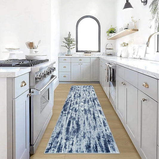 2'6''x8' Runner Rugs Washable Rug: Modern Abstract Living Room Rug Soft Anti-Skid Thin Carpet Indoor Floor Non-Shedding Carpets for Bedroom Dining Room Farmhouse Nursery Home Office Blue Grey