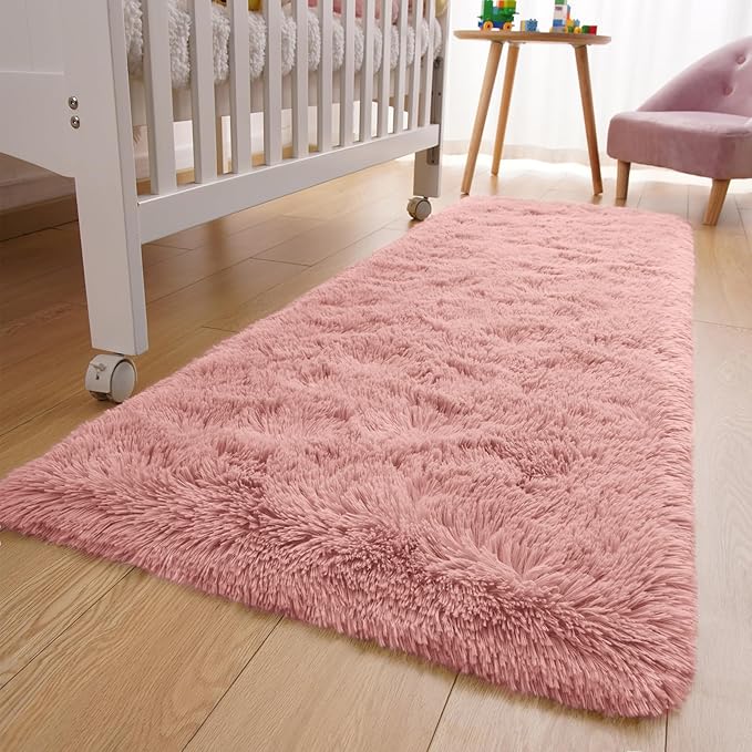 YJ.GWL Fluffy Runner Rugs for Bedroom Living Room Soft Shag Rug 2x6 Feet, Dirt Pink Plush Carpet Non Slip for Nursery Dorm, Fuzzy Bedside Rug for Kids Boys Room Home Decor