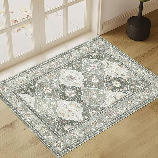 Washable Boho Vintage Area Rugs 2×3 Non-Slip Traditional Green Area Rug Doormat for Bathroom Kitchen Entryway