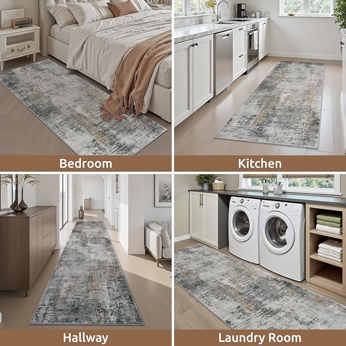 AMOAMI 2 x 8 Hallway Runner Rug Non Slip Super Soft Long Runner Rugs Machine Washable Low Pile Modern Abstract Runners for Hallways for Bedroom Laundry Room Kitchen, Grey