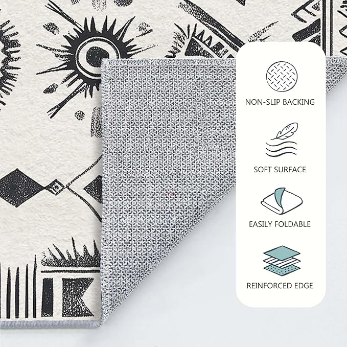 2x3 Area Rug Machine Washable Entryway Rugs Western Tribal Southwestern Black White Rug Non-Slip Low Pile Door Mat Entrance Small Carpet for Home Kitchen Bathroom Bedroom
