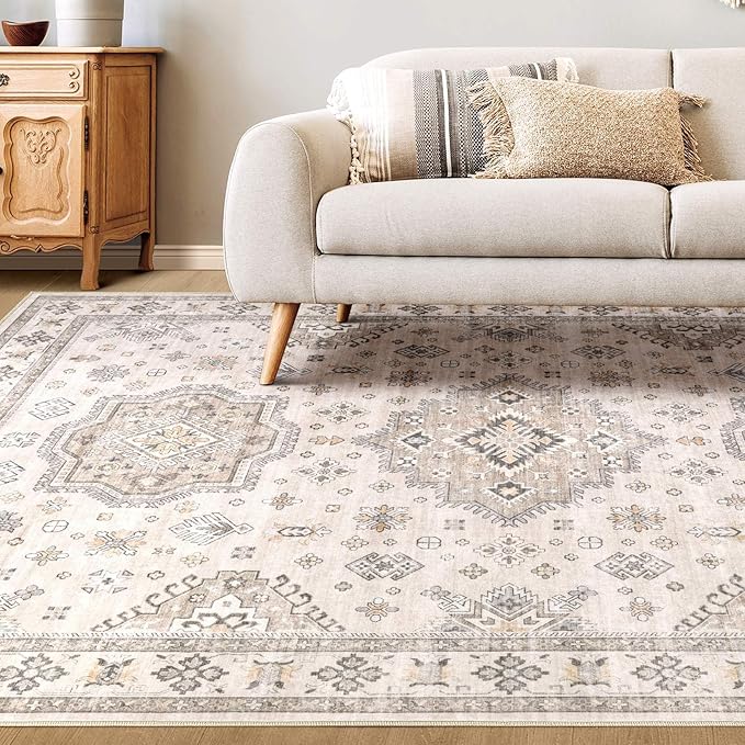 Washable Area Rugs for Living Room -8x10 Neutral Vintage Distressed Floral Farmhouse Boho Large Soft Floor Rug Indoor Non Slip Carpet for Living Room Bedroom Dining Room Office -Beige Brown