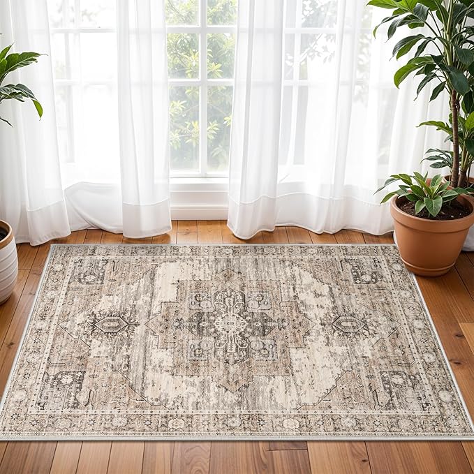 RUUGME Washable 2x3 Area Rugs - Large Boho Rugs for Living Room Stain Resistant Carpet Vintage Tribal Rugs for Bedroom Kitchen Bathroom with Non Slip Backing Home Decor Floor Decoration Mat 2x3 Beige