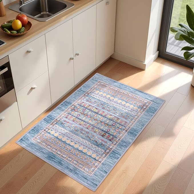 2x3 Small Rugs for Bedroom, Washable Aztec Geometric Indoor Entryway Door Rug with Non-Slip Backing, Soft Moroccan Throw Rug Western Carpet for Kitchen Home Office, Blue & Beige