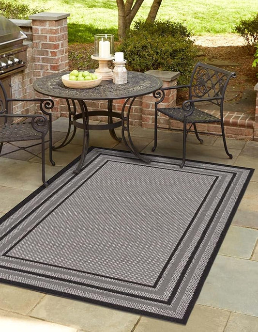 Unique Loom Outdoor Border Collection Area Rug - Multi Border (7' 10" x 10' Rectangle Gray/Black)