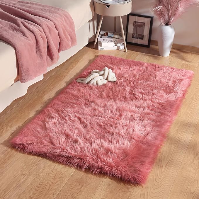 Ashler Faux Fur Area Rug - Ultra Soft 3 x 5 Feet Sheepskin, Fluffy Shaggy Blush Pink, Machine Washable - Nursery Decor Throw for Bedroom, Living Room, Kids Room