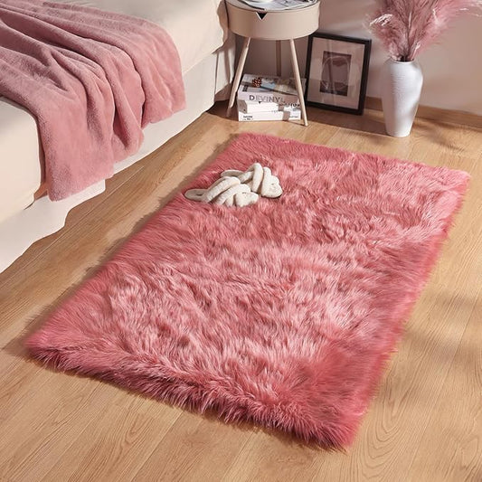 Ashler Faux Fur Area Rug - Ultra Soft 3 x 5 Feet Sheepskin, Fluffy Shaggy Blush Pink, Machine Washable - Nursery Decor Throw for Bedroom, Living Room, Kids Room