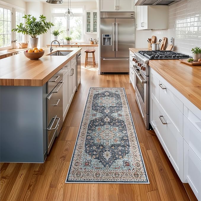 Washable Oriental Hallway Runner Rug - 2x6 Rugs for Living Room Soft Carpet for Bedroom Kitchen Waterproof Floral Distressed Indoor Stain Resistant Non-Shedding Floor Carpets (Blue/Teal/Orange, 2X6)