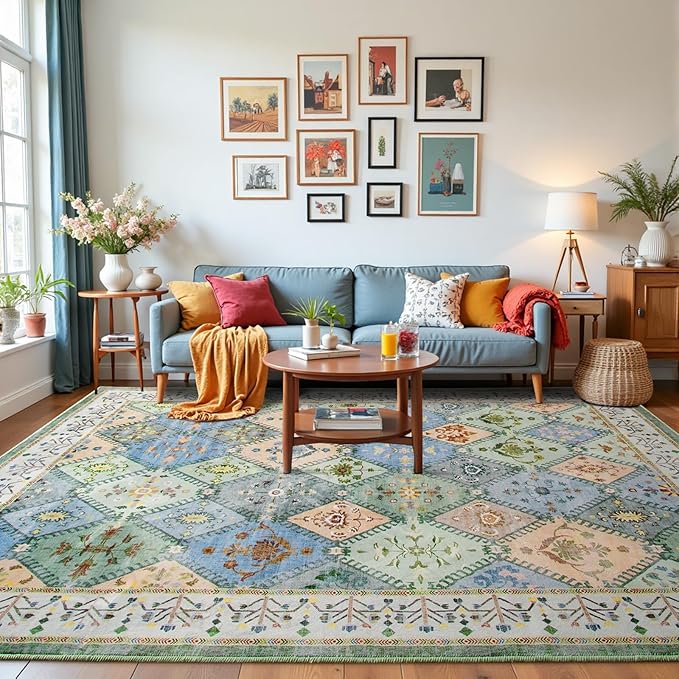 5x7 Washable Area Rug for Living Room, Green Boho Non-Slip Bedroom Rugs, Moroccan Floral Trellis Carpet Soft Low Pile Accent Indoor Mat for Kitchen Laundry Room
