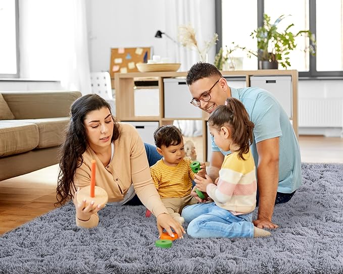 5x7 Rugs for Living Room, Large Fluffy Area Rugs for Bedroom, Soft Carpet Shag Kids Rug with 4 Non-Slip Rug Pads (Light Grey, 5ft x 7ft)