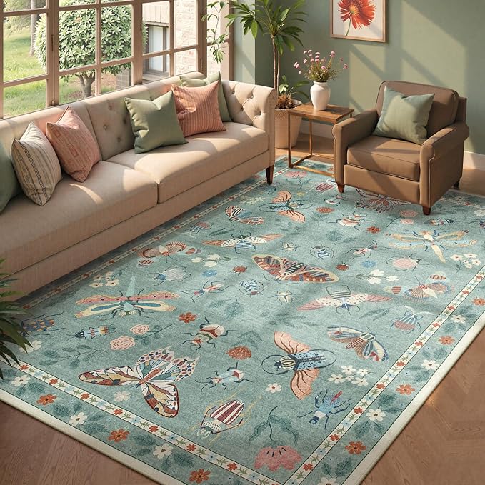 Beeiva Insect Print Rug 6x9, Throw Rugs for Living Room, Boho Washable Non Slip Soft Low Pile Ultra Thin Foldable Carpet for Office, Bedroom, Playroom, Dining Room - Light Green