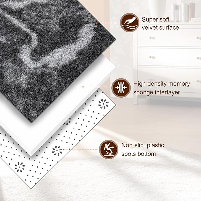 TWINNIS Super Soft Shaggy Rugs Fluffy Carpets, 5x8 Feet, Indoor Modern Plush Area Rugs for Living Room Bedroom Kids Room Nursery Home Decor, Upgrade Anti-Skid Rectangular Fuzzy Rug, Black Grey