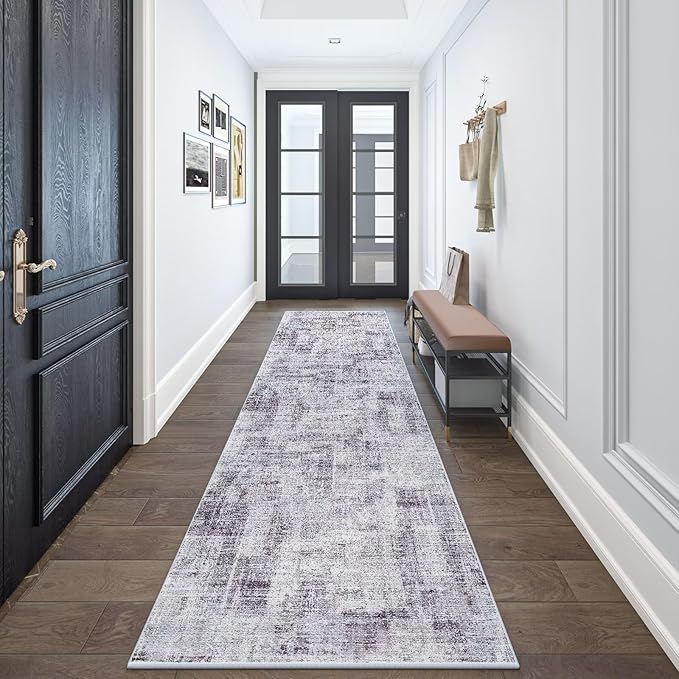 Eleisa Modern Abstract 2x8 Hallway Runner Rug, Purple & Grey, Non-Slip Washable Low Pile Rugs, Vintage Rug Hallway Indoor Carpet for Kitchen, Entryway and Laundry Room