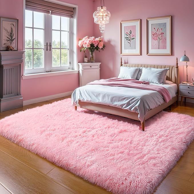 Thick Area Rugs 6x9 Pink Fluffy Shag for Girls Bedroom, Soft Plush Fuzzy Washable Thickened Non-Slip Large Carpet for Living Room, Modern Shaggy Furry Rugs for Toddler Nursery Kids Dorm Room