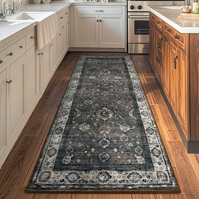 2x6 Runner Rug,Washable Kitchen Rugs with Non-Slip Backing,Low Pile Vintage Rug for Kitchen Floor, Hallway,Bathroom,Bedroom,Brown