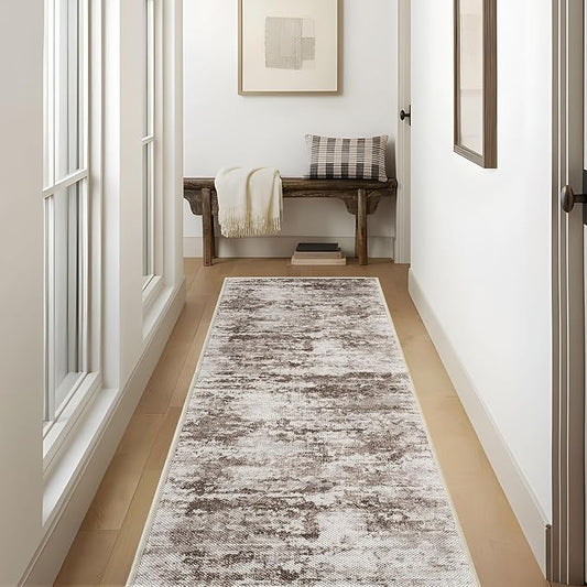 Abstract Washable Runner Rug, 2.6x8 Hallway Runner Rugs, No Pile Tear and Stain Resistance, Non-Slip, Hand Woven Style Kitchen Thin Rug for High Traffic Hallway Entrance Laundry - Brown