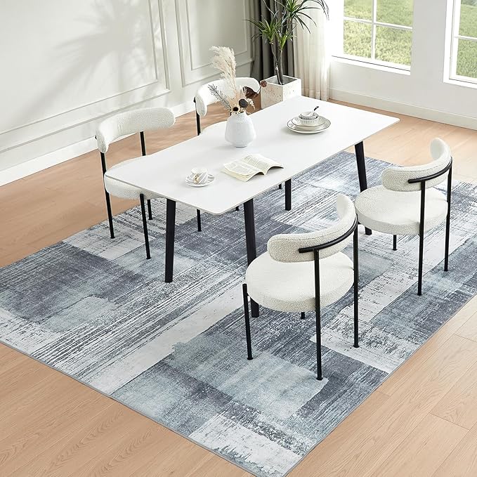 Washable Rug 5x7 Abstract Low Pile Bedroom Living Room Area Rug Modern Non Slip Lightweight Carpet for High Traffic Areas Home Dining Room, Blue&Grey