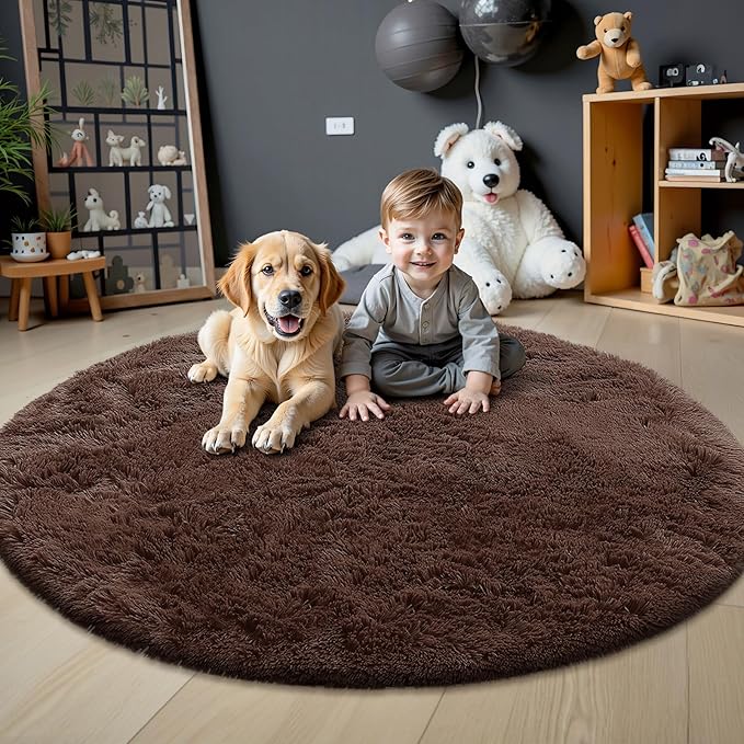 OLANLY Coffee Round Rugs for Bedroom - Machine Washable, 8x8 Feet Circle Area Rugs for Living Room, Soft and Fluffy Shaggy Carpet for Teen Girls and Boys, Dorms, Nursery Rooms, Home Decor Aesthetic