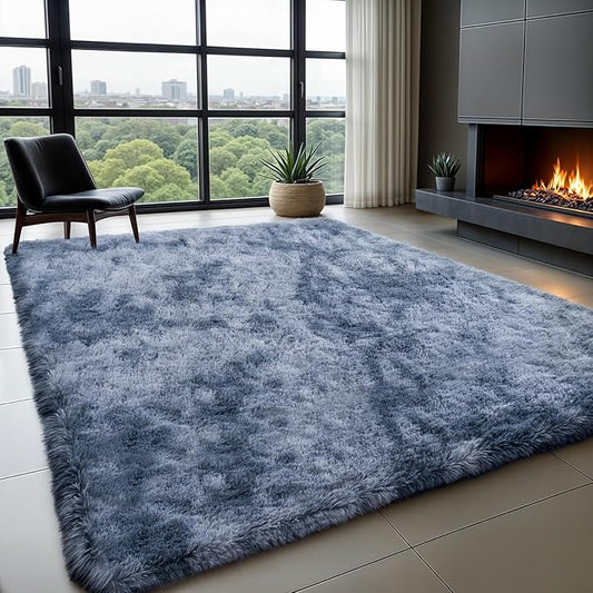 Zentavio Area Rugs for Living Room Rugs for Bedroom 4x6 Carpet Fluffy Fuzzy Soft Shag Aesthetic Plush High Pile Gray Throw Rug for Nursery Kids Room Dorm Tie-Dyed Blue Grey
