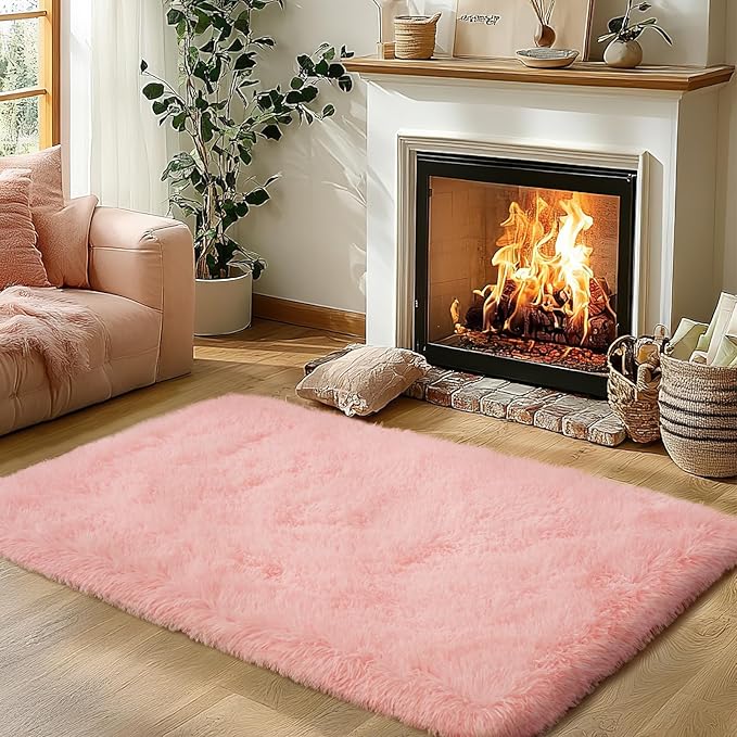 Zentavio Pink Rugs for Girls Room 3x5 Area Rugs for Living Room Small Carpet for Bedroom Cute Washable Soft Fluffy Shag Aesthetic Plush High Pile Throw Rug for Nursery Kids Room Dorm Room