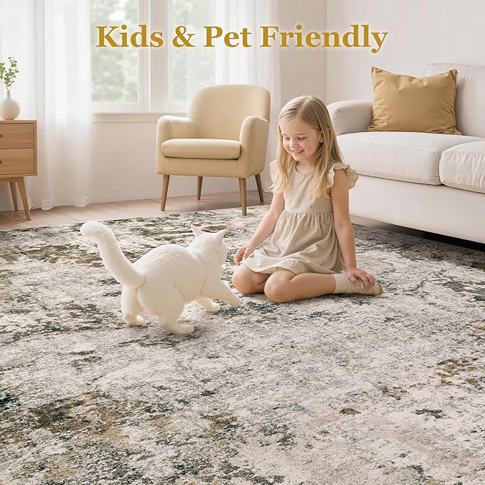Area Rugs for Living Room: 7x9 Abstract Washable Rug Large Soft Stain Resistant Non-Slip Backing for Bedroom Dining Room Indoor Home Office Carpet for Kids Pet Friendly Families - Dark Brown
