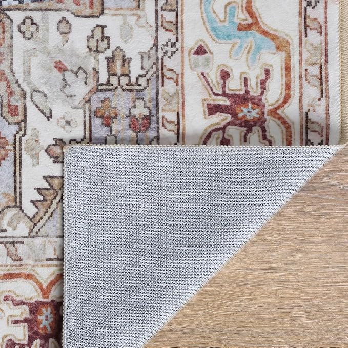 Washable Area Rugs 5x7, Beige Vintage Rugs-Low Pile Carpet, Non-Slip Distressed Printed Patterns Rugs for Bedroom, Living Room, Dining Room, Beige
