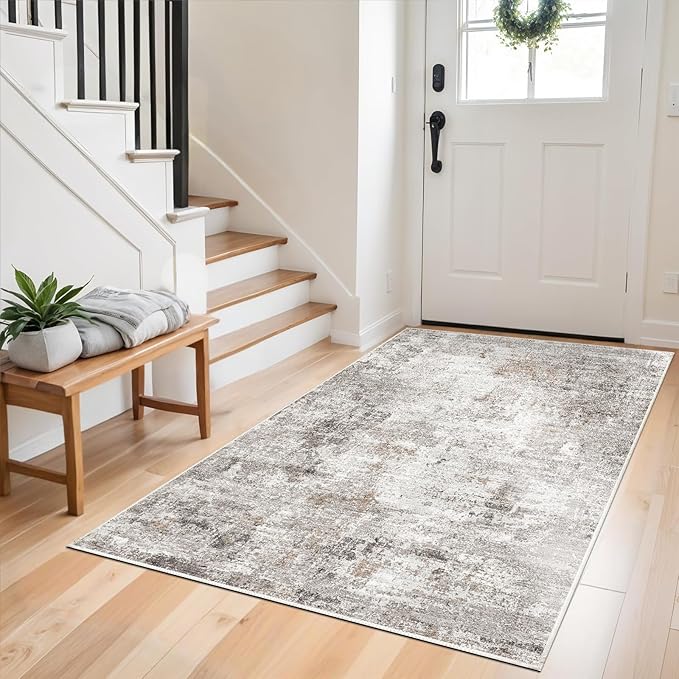Washable 3x5 Entryway Rug - Non-Slip Rubber Backing, Soft Thin Low-Pile Stain-Resistant Modern Small Area Rugs for Kitchen Bedroom Living Room Hallway – Beige/Grey/Brown