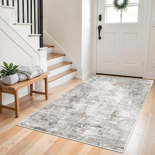 Washable 3x5 Entryway Rug - Non-Slip Rubber Backing, Soft Thin Low-Pile Stain-Resistant Modern Small Area Rugs for Kitchen Bedroom Living Room Hallway – Beige/Grey/Brown