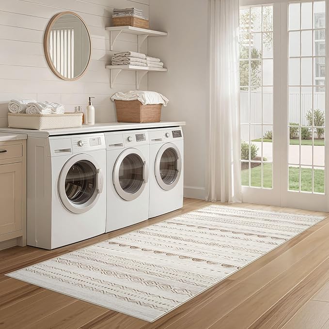 Runner Rug Kitchen Washable Rugs: 2x6 Non-Slip Boho Soft Modern Stain Resistant Indoor Floor Neutral Farmhouse Throw Carpet for Hallway Bathroom Laundry Room Entryway Bedroom- Beige