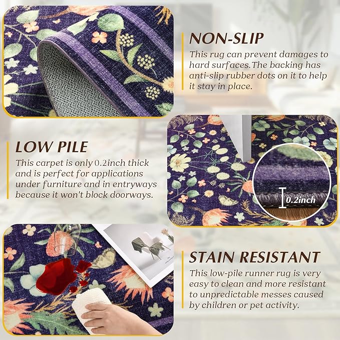 Area Rugs for Living Room, 6x9 Washable Non-Slip Rug for Bedroom, Vintage Floral Carpet for Home Office Nursery Dining Room Kitchen, Purple