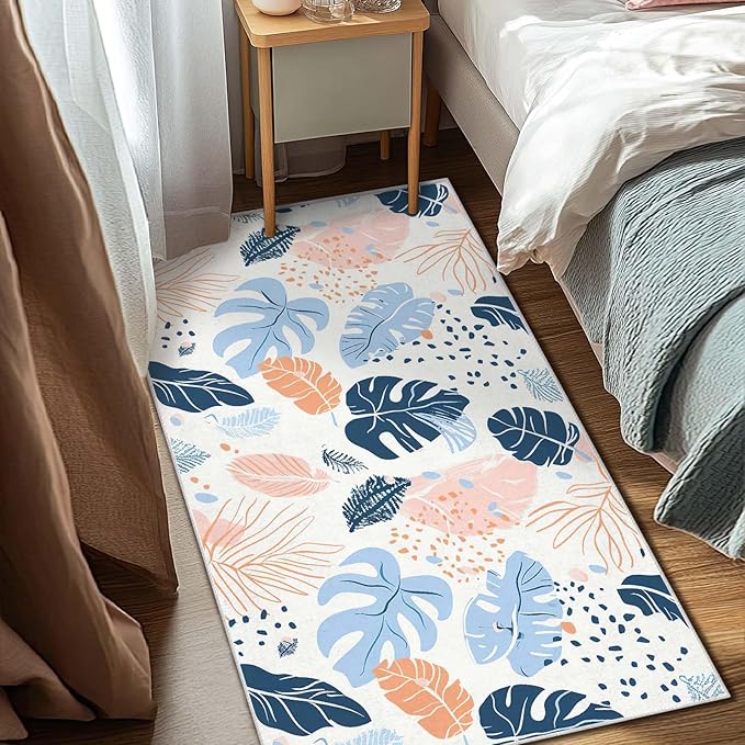 3x5 Entryway Rug Boho Botanical Tropical Leaf White Area Rug Bedroom Bedside Ultra-Thin Soft Small Carpet Bathroom Non Slip Indoor Entrance Low Pile Door Mat Kitchen Stain Resistant Washable Machine