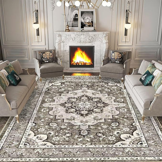 Washable 9x12 Large Area Rug: Vintage Non-Slip Backing Rugs for Living Room Stain Resistant Bedroom Carpet Soft Medallion Farmhouse Floor Mat for Dining Room Home Office (9x12 Beige)