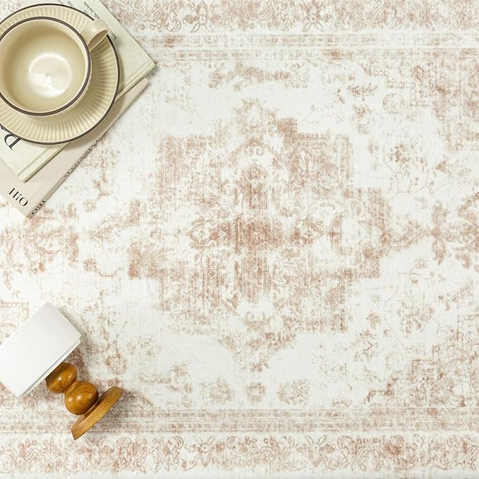 Washable Rug 9x12 Area Rug for Living Room Beige Vintage Boho Medallion Large Distressed Retro Carpet Non Slip Indoor Low Pile Small Soft Bedroom Dining Room Home Office