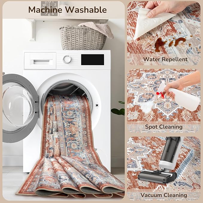 BESTSWEETIE 2x3 Area Rugs for Living Room Washable Non Slip Carpet Low Pile Soft Vintage Print Pattern Rug for Bedroom Dining Room Kitchen Entryway Indoor-Brick/Blue/Light Ivory