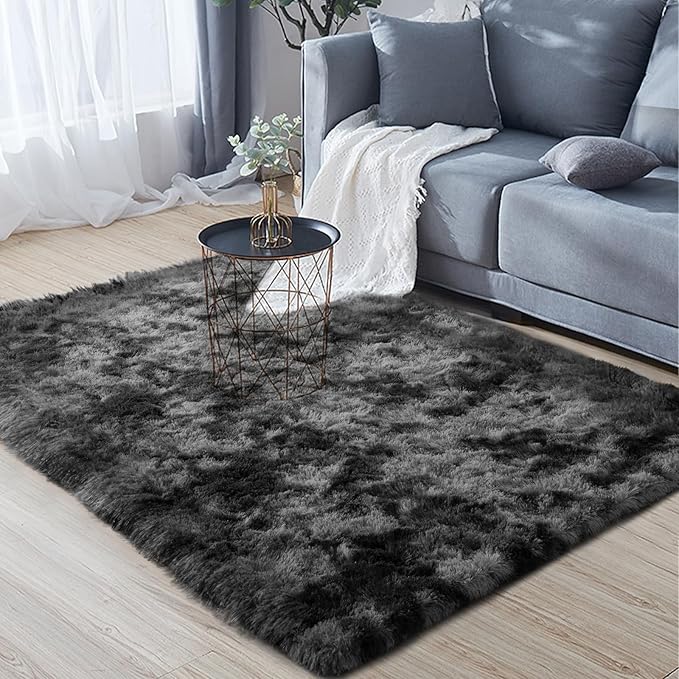 Zentavio Black and Grey Area Rugs for Living Room Men Room Carpet 4x6 Bedroom Fluffy Furry Shag Aesthetic Plush High Pile Floor Rug for Kids Room Dorm Home Decor Gray
