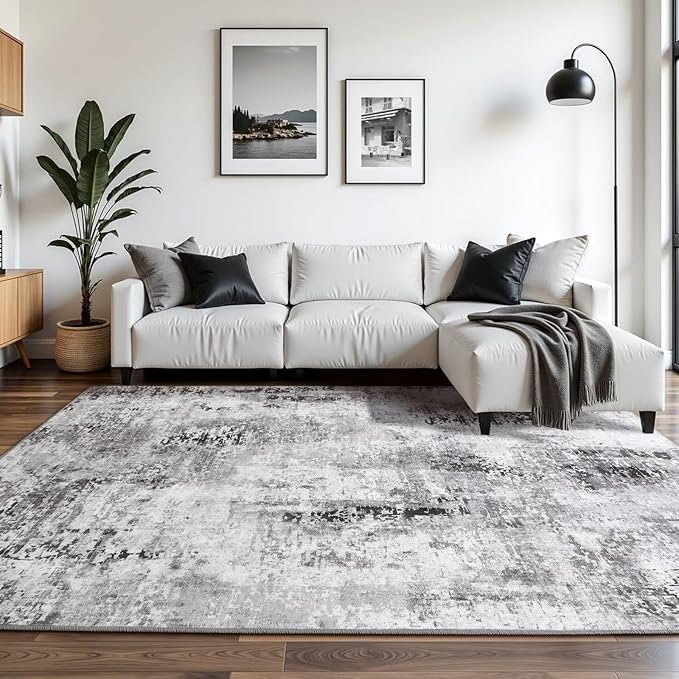 Washable Abstract Rug, 3x5 Modern Area Rugs with Non-Slip Rubber Backed for Bedroom, Thin but Soft Contemporary Carpet Kitchen Living Room Decor, Dark Grey